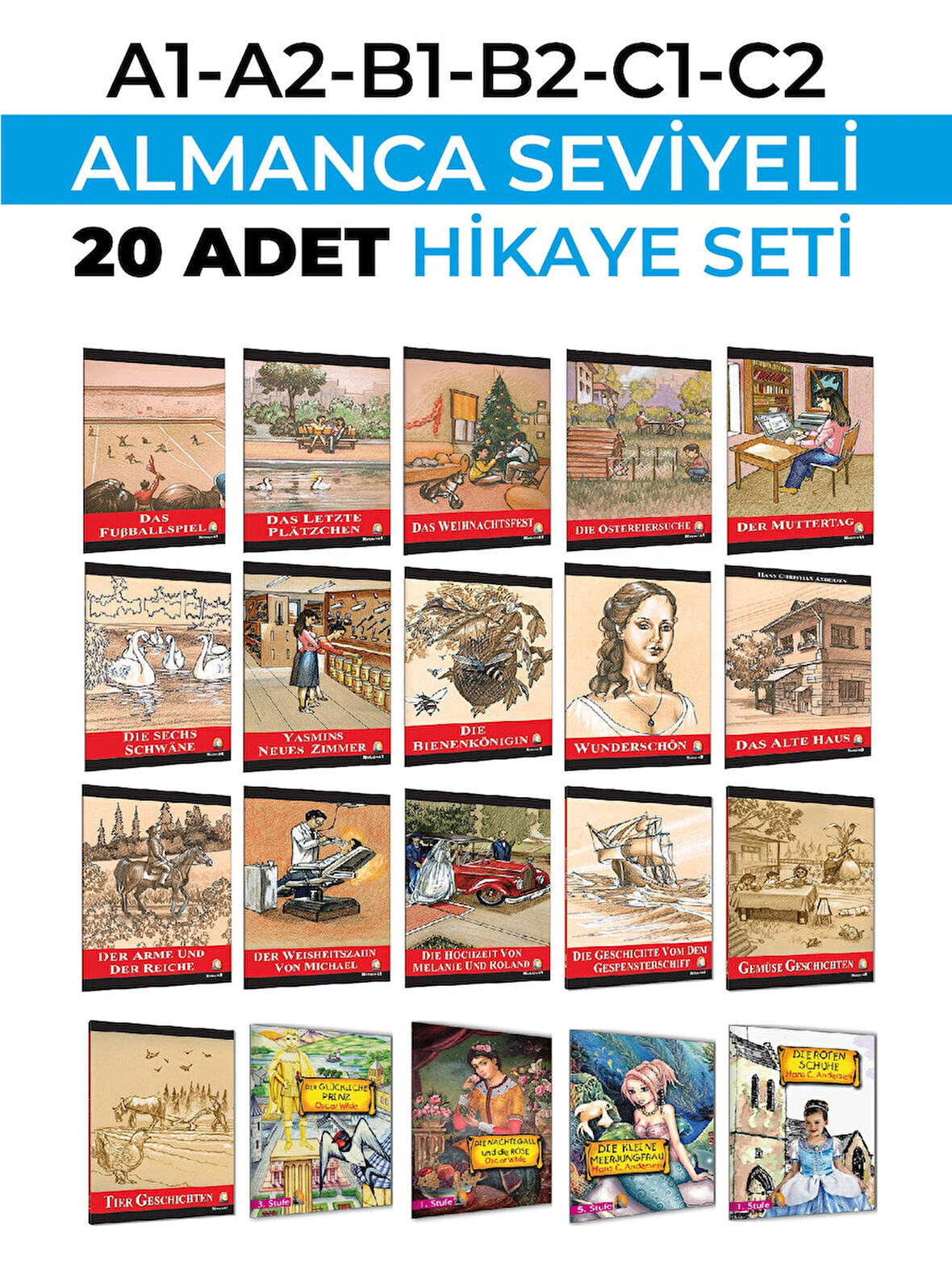 ALMANCA HİKAYE KİTABI SETİ 20 Lİ A1-A2-B1-B2-C1-C2 TOPLAM 20 KİTAP