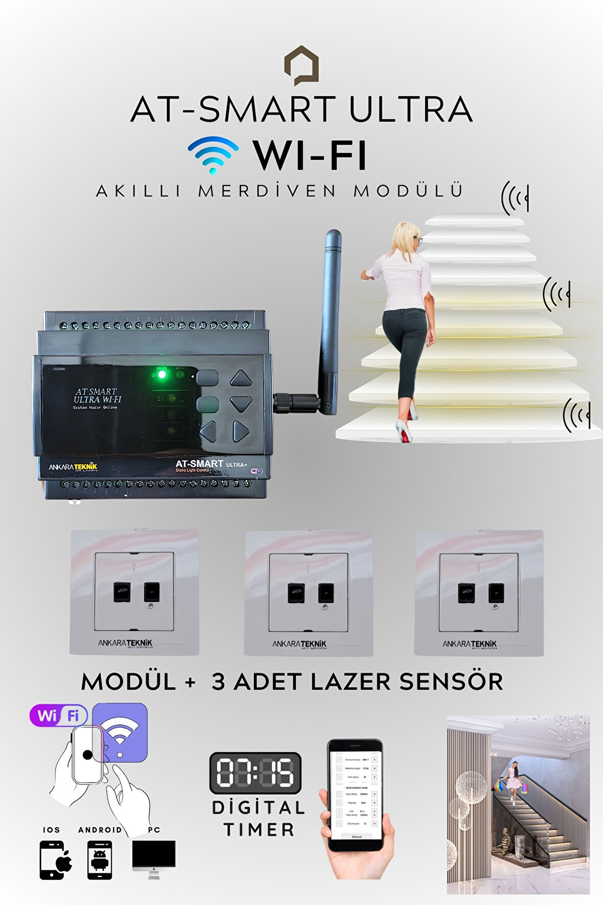 20 Kanal AT-Smart Ultra WIFI Akıllı Merdiven Modülü+3 Adet Profesyonel LAZER Sensör