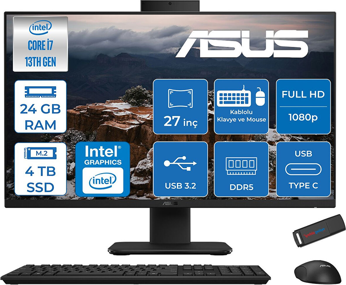 Asus V470VAK Intel Core I7-13620H 24GB Ddr5 4tb SSD 27'' Fhd 100Hz 300NITS Freedos  Siyah Allınone Bilgisayar ASI716512B0DFF10+ZETTAUSBBELLEK