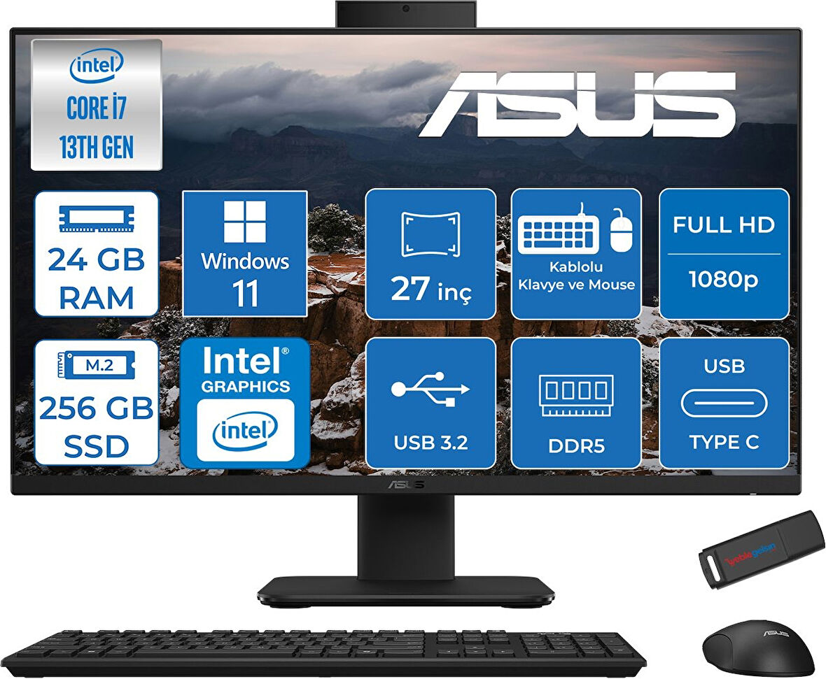 Asus V470VAK Intel Core I7-13620H 24GB Ddr5 256GB SSD 27'' Fhd 100Hz 300NITS Windows 11 Home Siyah Allınone Bilgisayar ASI716512B0DH06+ZETTAUSBBELLEK