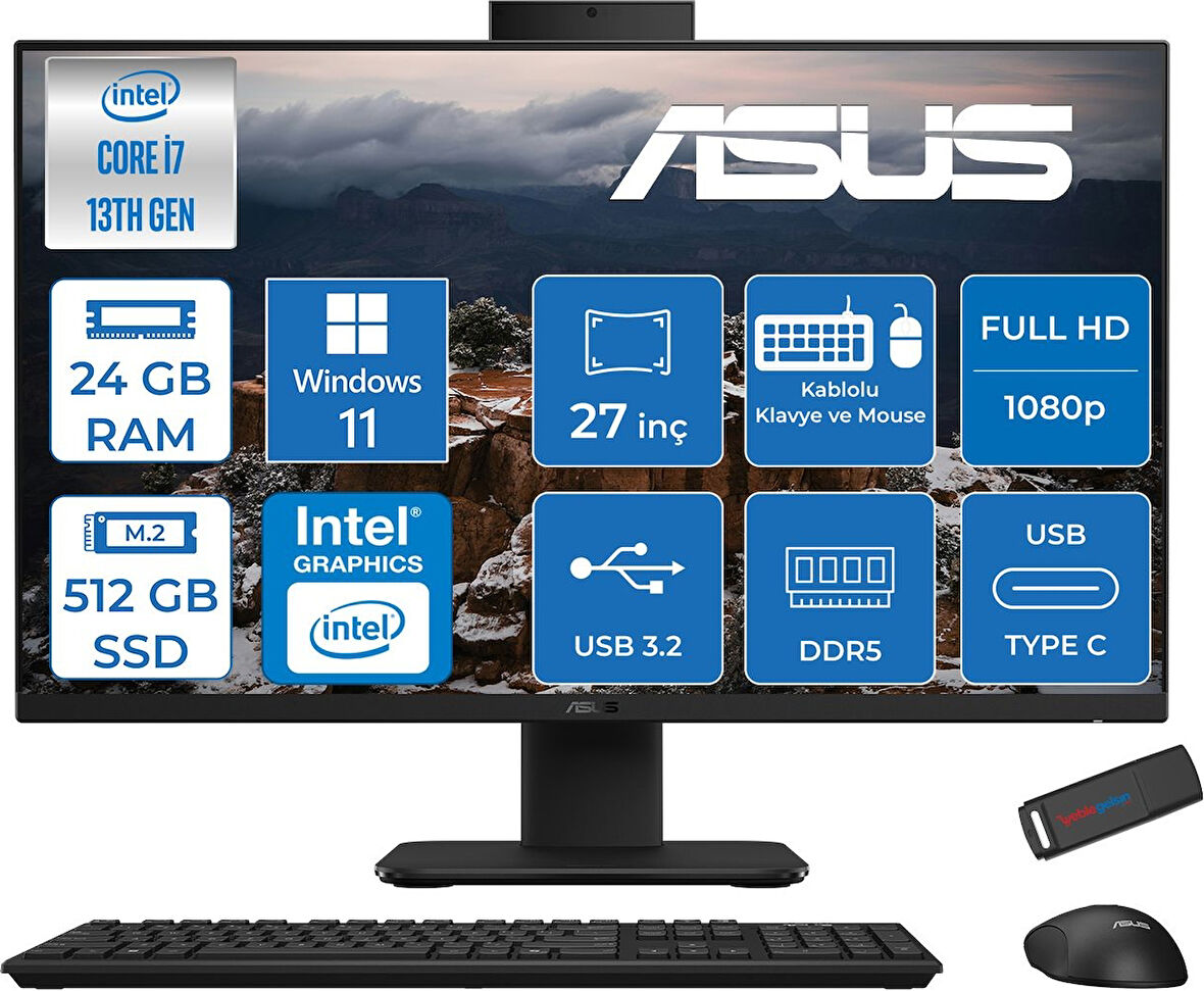 Asus V470VAK Intel Core I7-13620H 24GB Ddr5 512GB SSD 27'' Fhd 100Hz 300NITS Windows 11 Home Siyah Allınone Bilgisayar ASI716512B0DH07+ZETTAUSBBELLEK