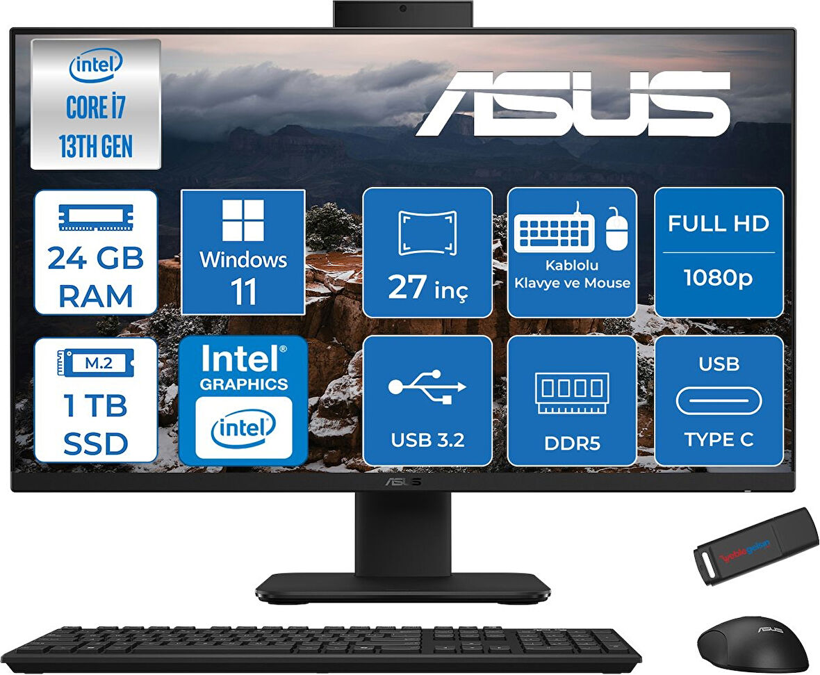 Asus V470VAK Intel Core I7-13620H 24GB Ddr5 1tb SSD 27'' Fhd 100Hz 300NITS Windows 11 Pro Siyah Allınone Bilgisayar ASI716512B0DP08+ZETTAUSBBELLEK