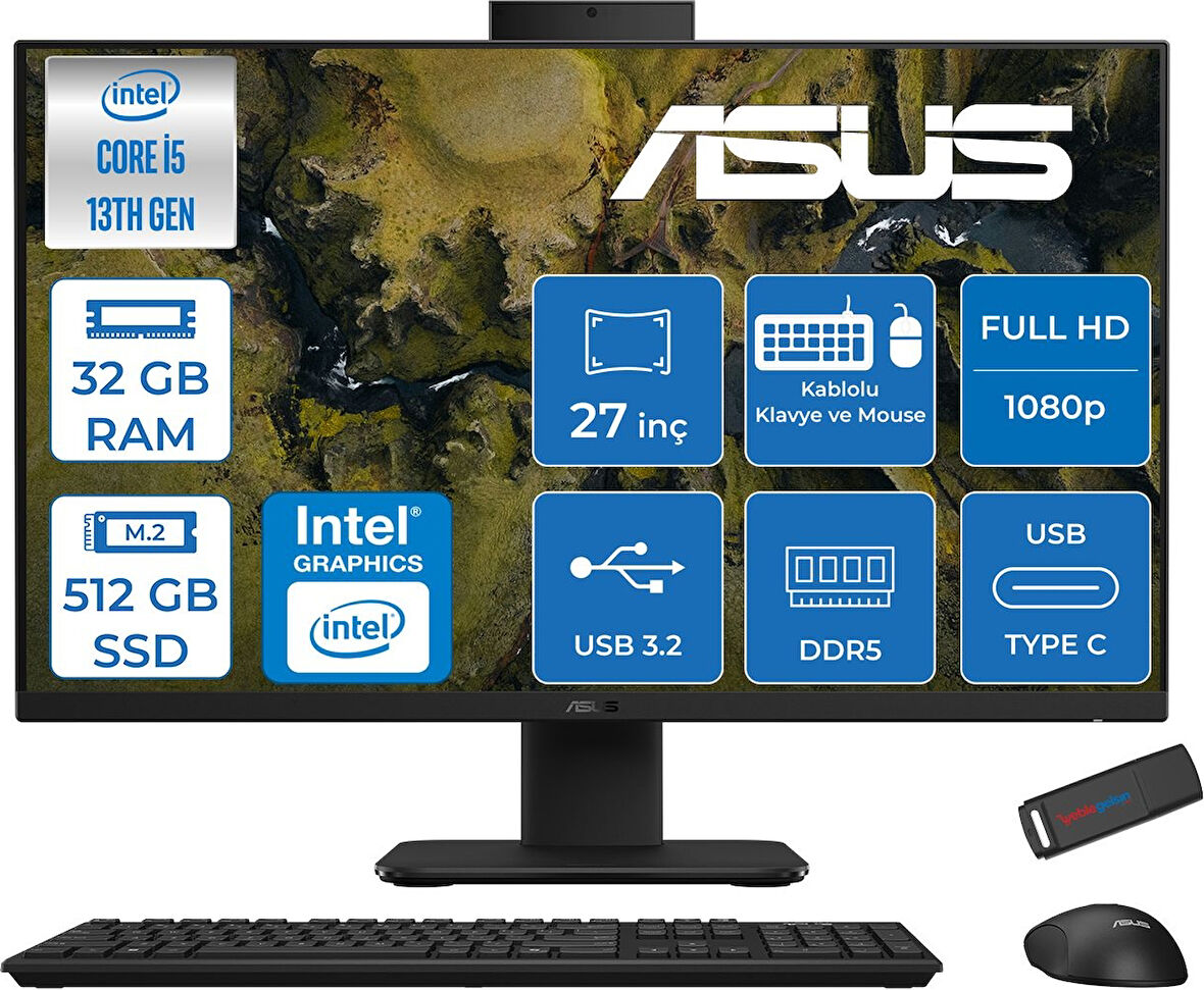 Asus V470VAK Intel Core İ5-13420H 32GB Ddr5 512GB SSD 27'' Fhd 100Hz 300NITS Freedos  Siyah Allınone Bilgisayar ASI58512B0DF12+ZETTAUSBBELLEK