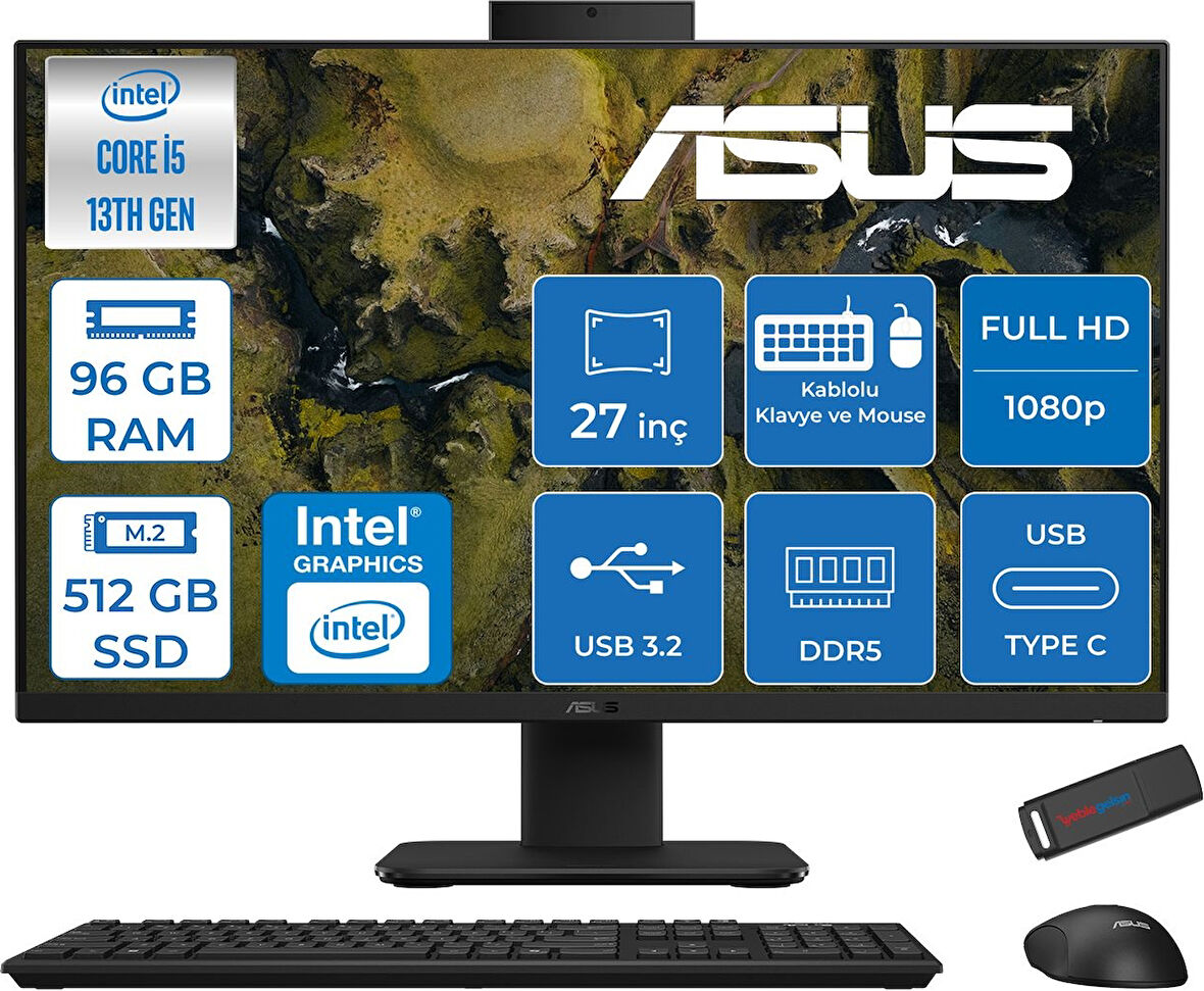 Asus V470VAK Intel Core İ5-13420H 96GB Ddr5 512GB SSD 27'' Fhd 100Hz 300NITS Freedos  Siyah Allınone Bilgisayar ASI58512B0DF37+ZETTAUSBBELLEK