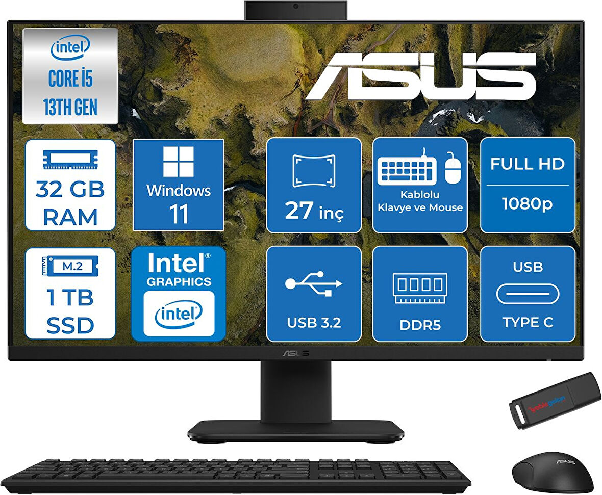 Asus V470VAK Intel Core İ5-13420H 32GB Ddr5 1tb SSD 27'' Fhd 100Hz 300NITS Windows 11 Home Siyah Allınone Bilgisayar ASI58512B0DH13+ZETTAUSBBELLEK