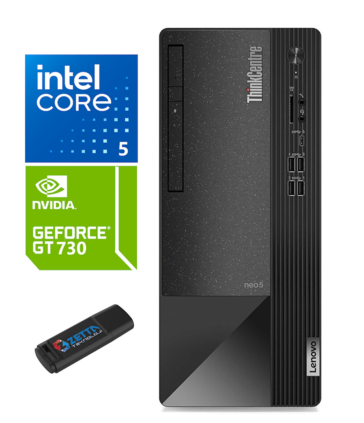 Lenovo Thınkcentre Neo 50T Gen4 Intel İ5-12500 16GB 256GB SSD 4GB/GT730 Windows 11 Pro Masaüstü Bilgisayar WG12JB005BTRW06+Zetta  USB Bellek