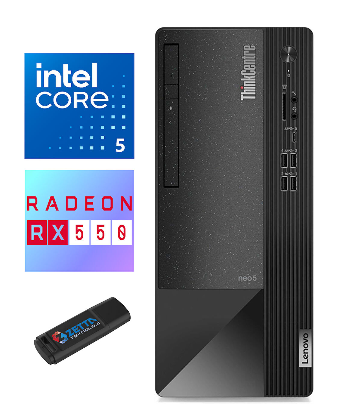 Lenovo Thınkcentre Neo 50T Gen4 Intel İ5-12500 16GB 256GB SSD 4GB/RX550 Windows 11 Pro Masaüstü Bilgisayar WR12JB005BTRW06+Zetta  USB Bellek