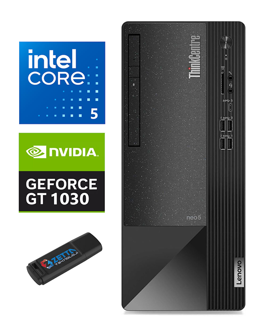 Lenovo Thınkcentre Neo 50T Gen4 Intel İ5-12500 8gb 512GB SSD GT1030 Windows 11 Pro Masaüstü Bilgisayar WH12JB005BTRW02+Zetta  USB Bellek