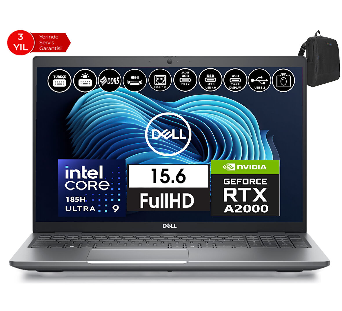 Dell Precısıon M3591 Intel Ultra 9-185H Vpro 48GB 2tb SSD RTXA2000 8gb 15.6" W11PRO Taşınabilir Iş Istasyonu XCTOP3591HRTXA2000W08+ZETTAÇANTA