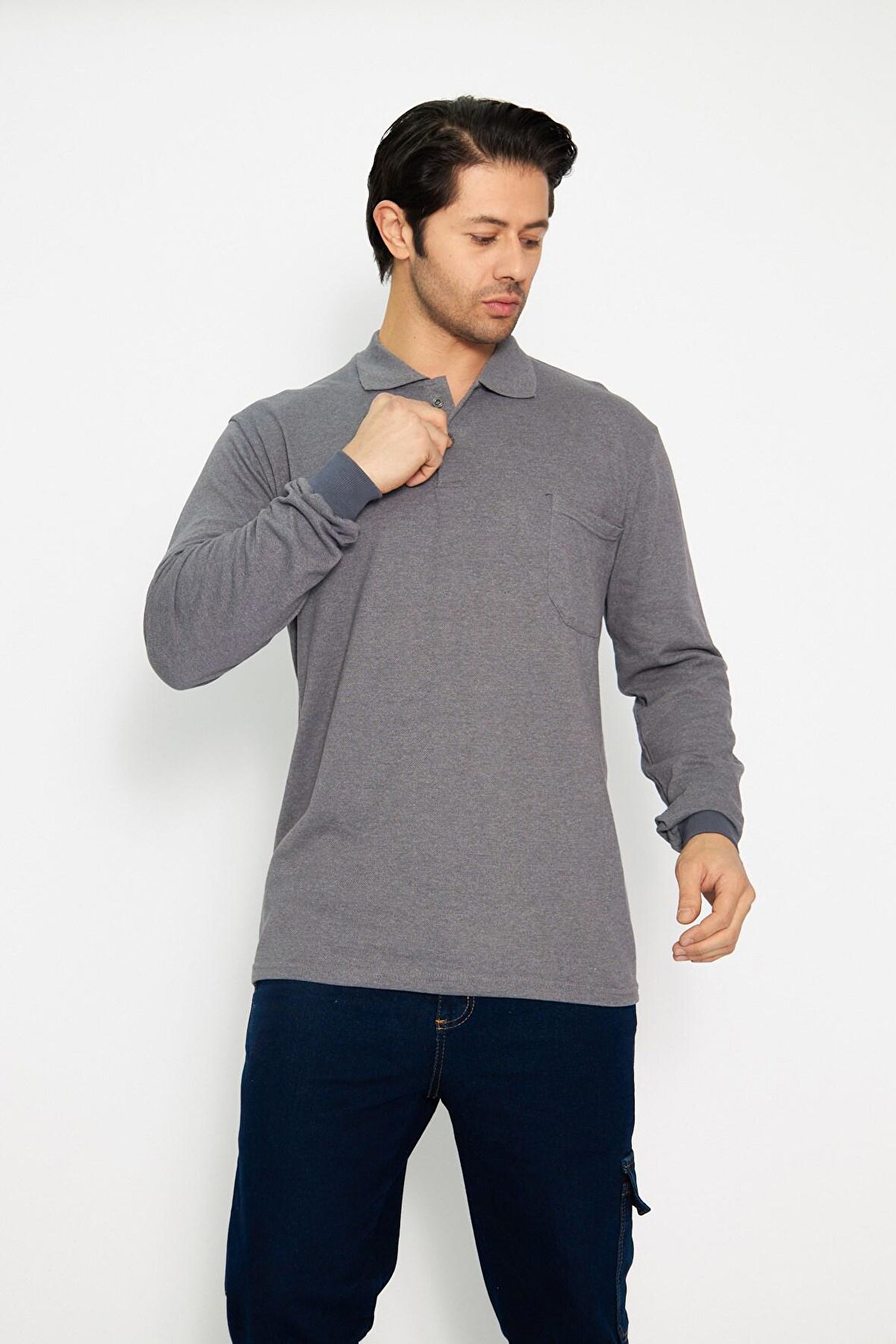 Orange Safety Koyu Gri Polo Yaka Uzun Kol Sweat T-Shirt Kışlık