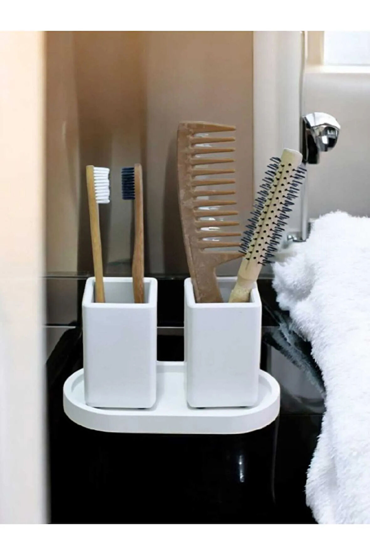 Banyo Seti Beyaz Tepsili Diş Fırçalık, Diş Macunluk, Makyaj Organizeri,Banyo Takım