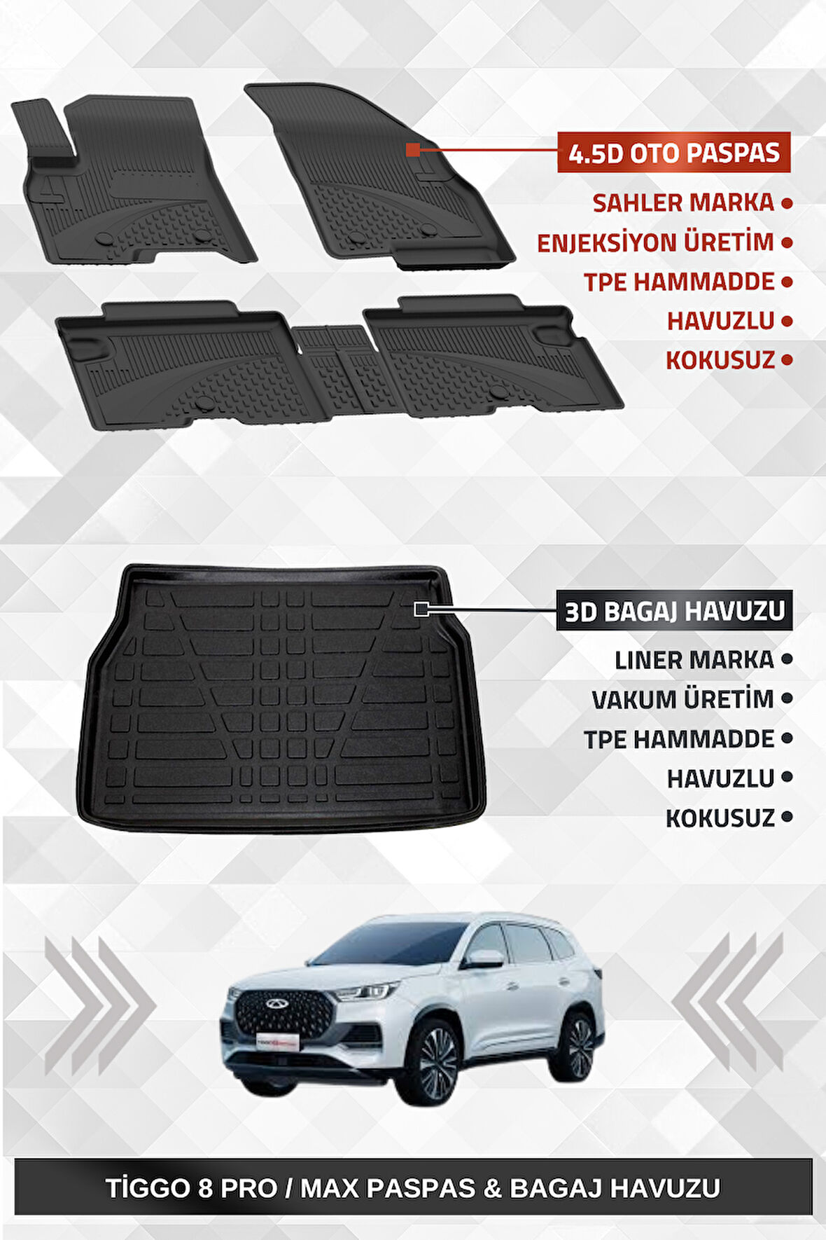 Sahler Chery Tiggo 8 Pro / Max 2022+ Uyumlu 4.5D Premium Havuzlu Paspas ve Liner Marka 3D Bagaj Havuzu