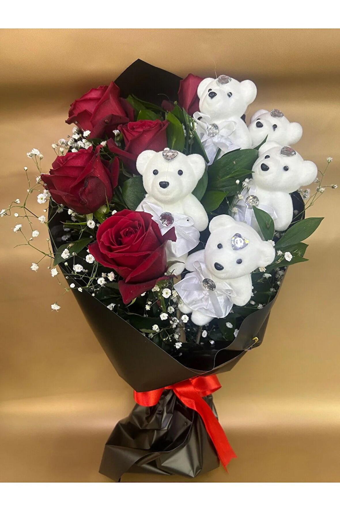 Kırmızı gül ve ayicik buketi