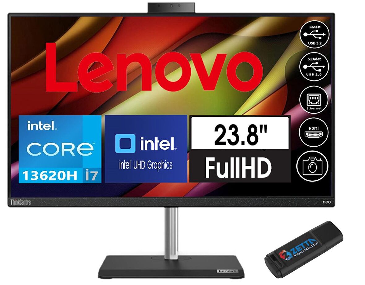 Lenovo Neo 30A 24 Gen4 Intel Core I7 13620H 16GB Ram 512GB SSD 23.8 Fhd IPS Freedos All In One Bilgisayar 12K0A05CTRW02+ZETTAUSBBELLEK