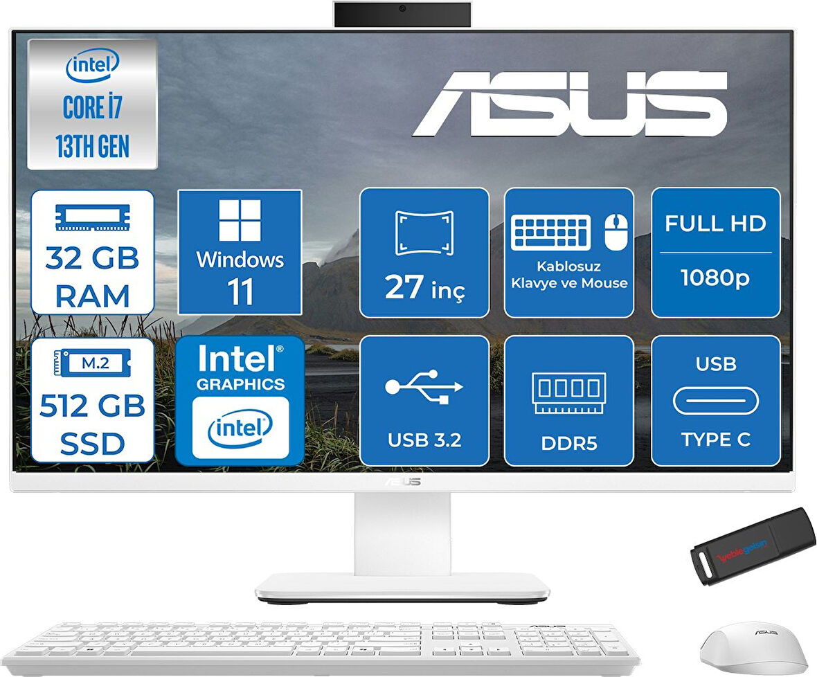 Asus V470VAK Intel Core I7-13620H 32GB Ddr5 512GB SSD 27'' Fhd 100Hz 300NITS Windows 11 Home Beyaz Allınone Bilgisayar ABI716512W0DH12+ZETTAUSBBELLEK