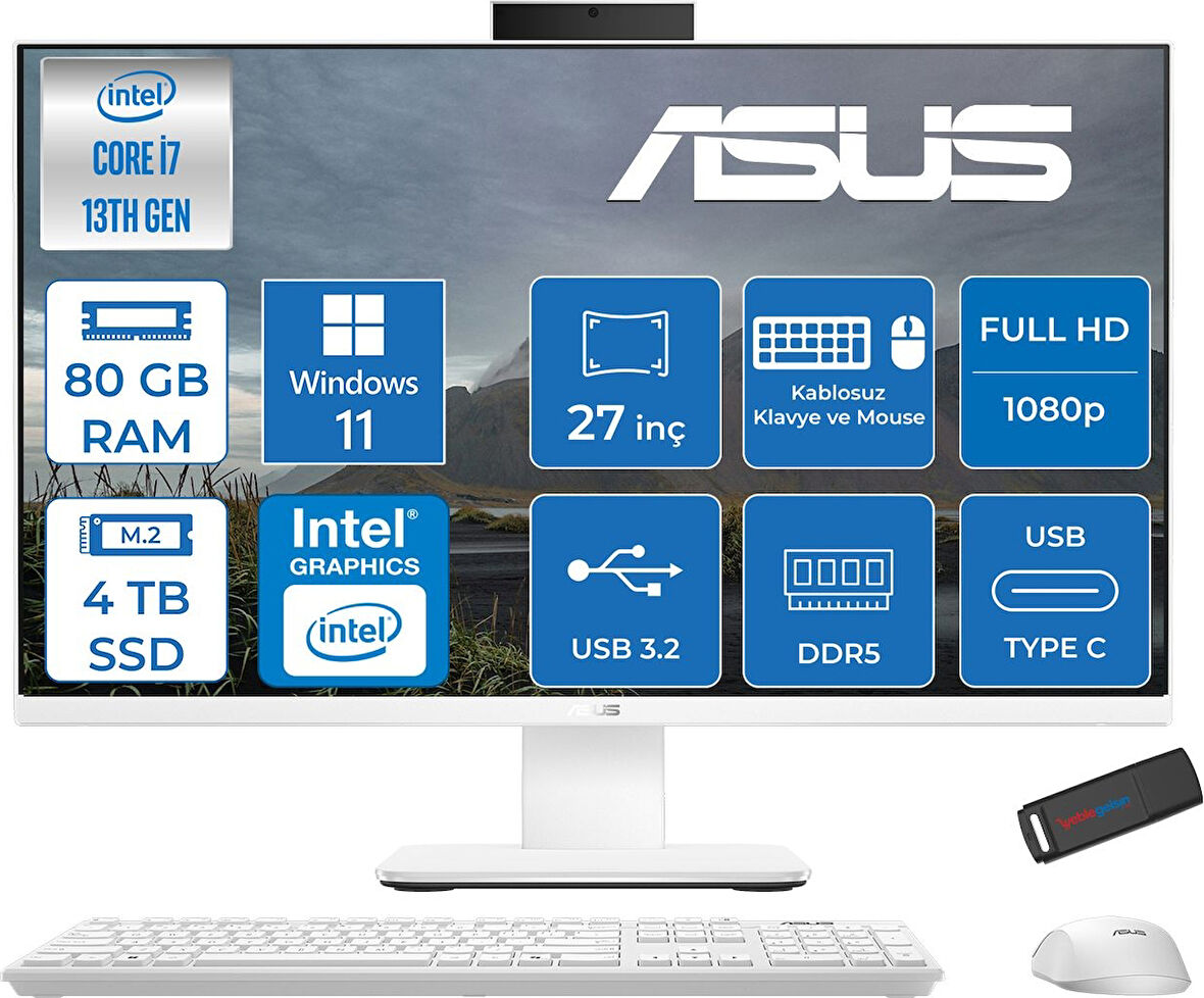 Asus V470VAK Intel Core I7-13620H 80GB Ddr5 4tb SSD 27'' Fhd 100Hz 300NITS WIN11HOME Beyaz Allınone Bilgisayar ABI716512W0DH35+ZETTAUSBBELLEK