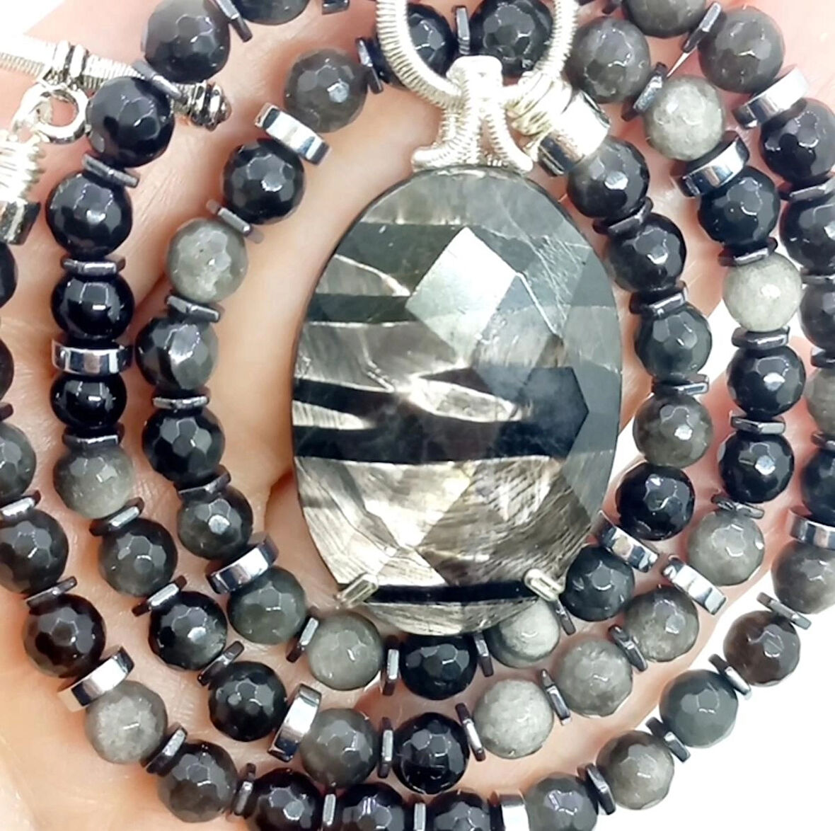 2267 Hypersthene gümüş Obsidyen el yapımı kolye