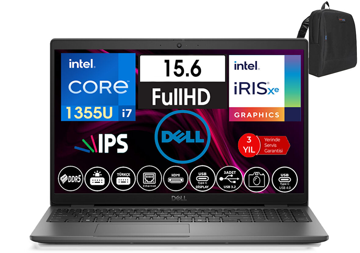 Dell Latitude 3550 Intel Core I7 1355U 32GB Ddr5 1tb SSD  15.6" Fhd IPS Freedos Taşınabilir Bilgisayar WN012L54501408+ZETTAÇANTA