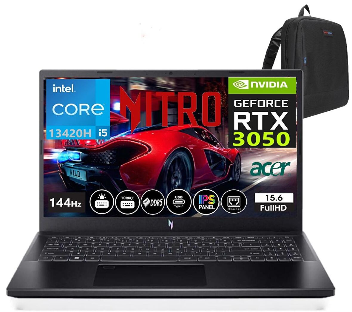 Acer Nitro V 15 ANV15-51 Intel Core I5 13420H 96gb DDR5 RAM 512GB SSD RTX3050-144Hz Windows11Pro 15.6" Fhd Taşınabilir Bilgisayar NHQNCEY00145+WeblegelsinÇanta