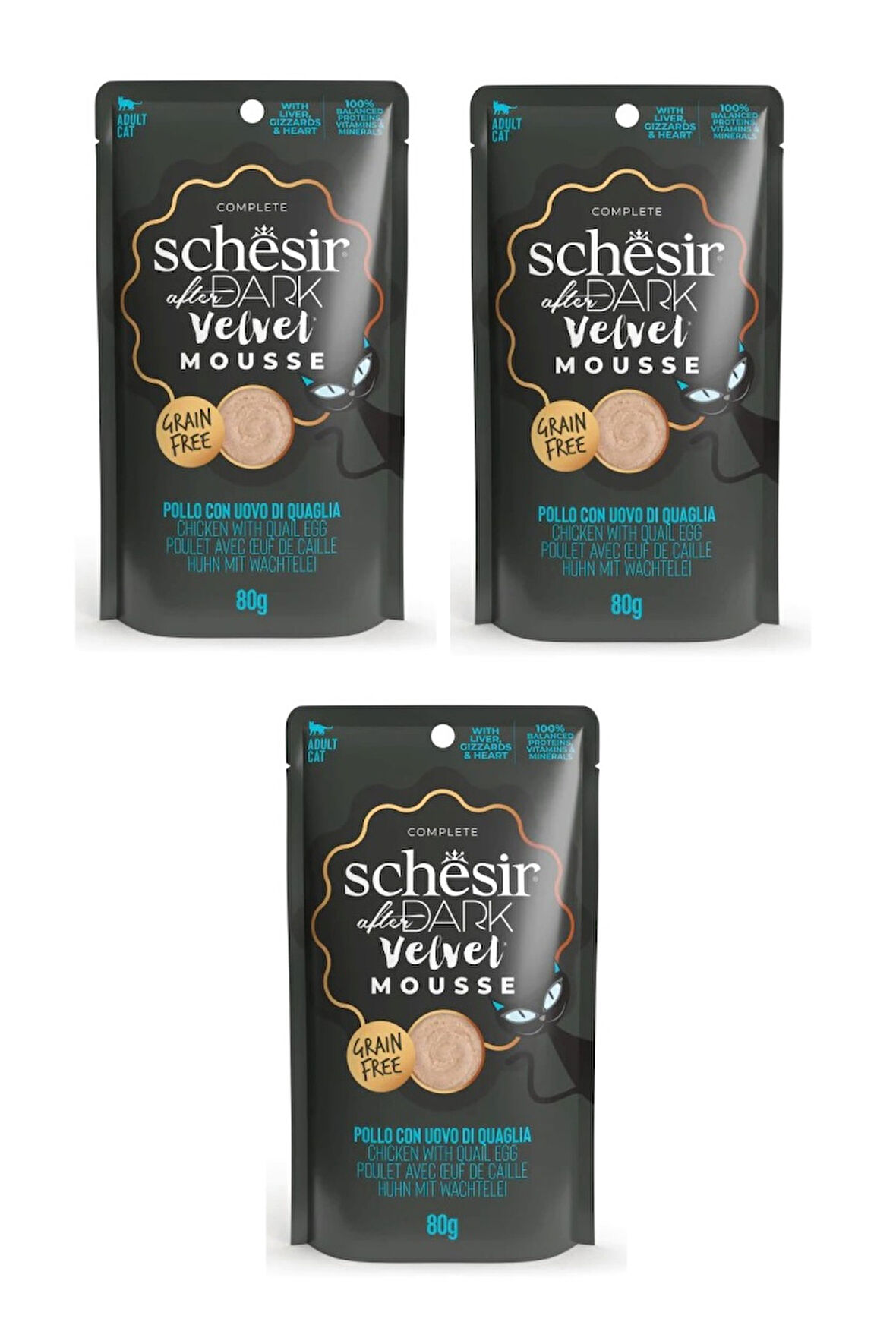 Schesir After Dark Tavuk ve Bıldırcın Yumurtalı  Pouch Mousse Kedi Yaş Mama 80 Gr. X 3 Adet