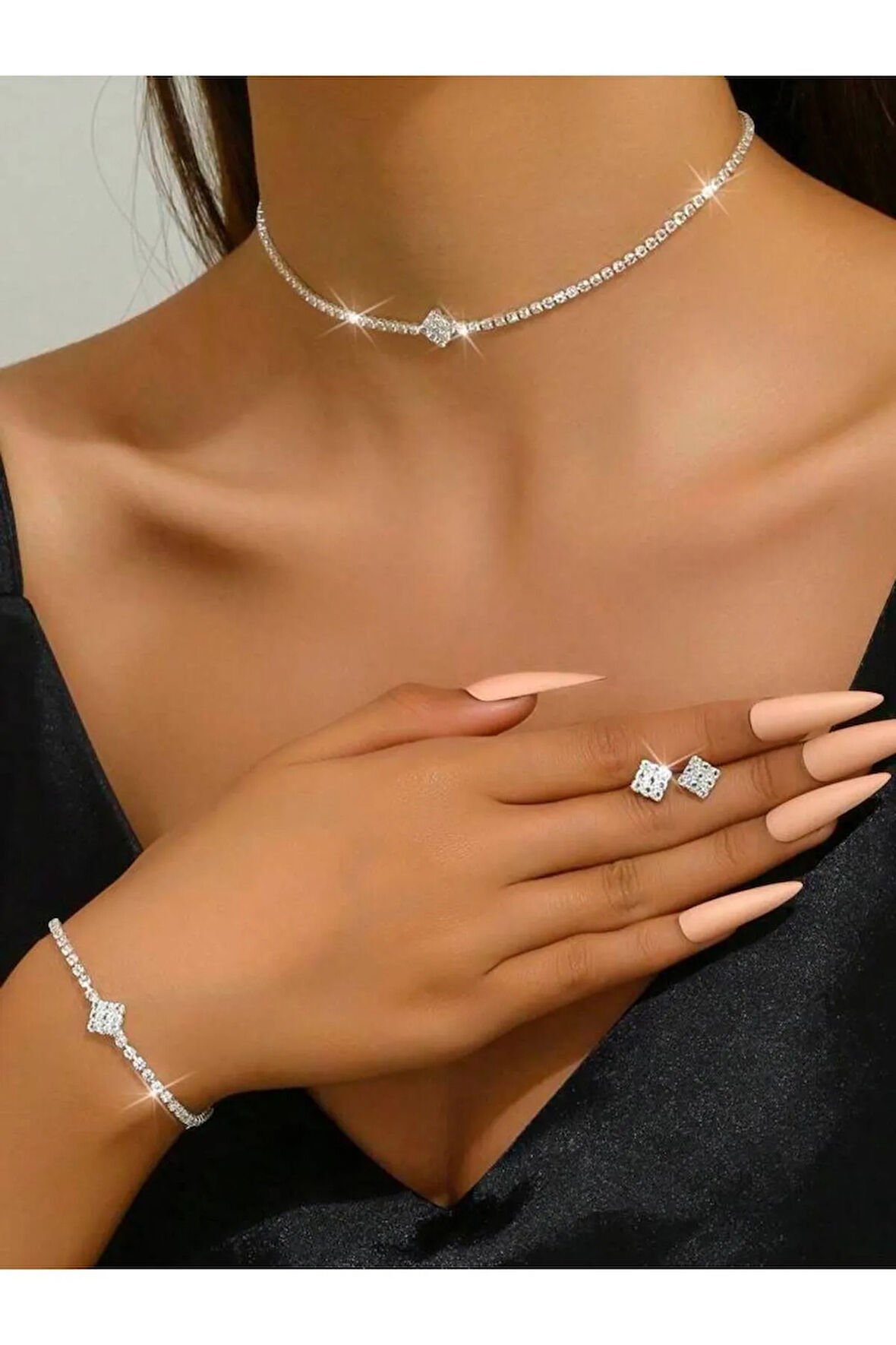 Gümüş Kaplama Tek Taş Kolye, Küpe Ve Bileklik Seti 3'lü Set Davet Düğün Nişan Abiye