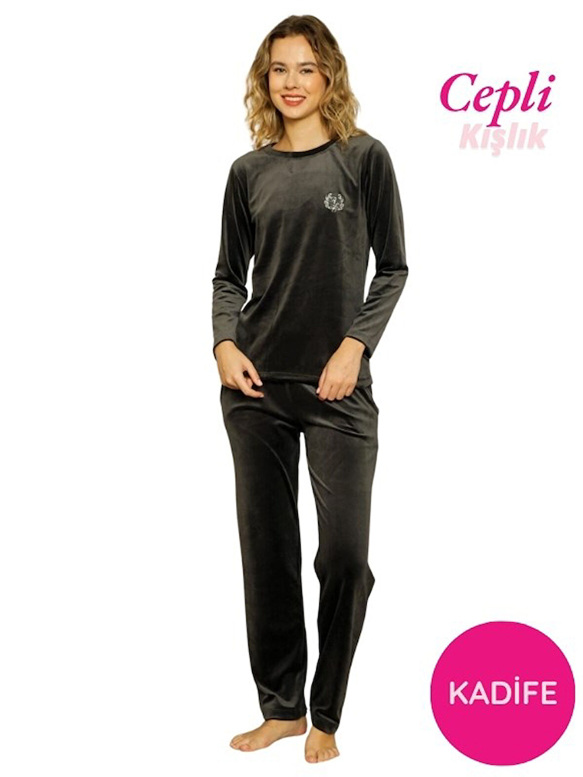 Kadın Bisiklet Yaka Düğmesiz İpeksi Yumuşak Kadife Kışlık Uzun Kol Cepli Pijama Takımı