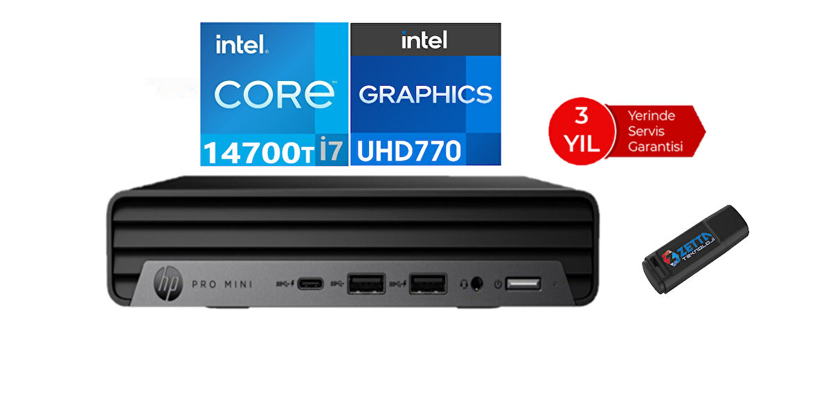 Hp Pro Mini 400 G9 Intel Core İ7-14700T 16GB Ddr5 512GB SSD WINDOWS11HOME Mini Masaüstü Bilgisayar 99H6W3ET37+ZETTAUSBBELLEK