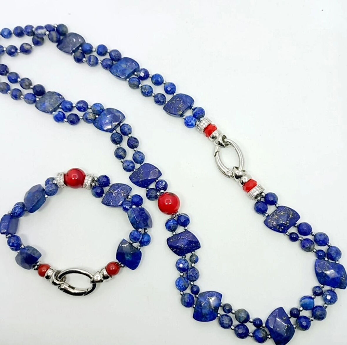 2275 Lapislazuli Mercan el yapımı iki sıralı kolye