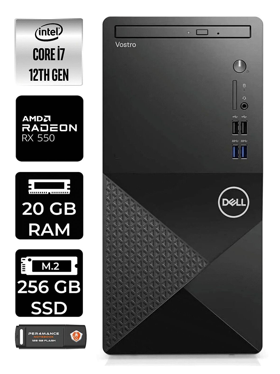 DELL VOSTRO i7 12700 20GB RAM 256GB SSD RX550/4GB FDOS N7600VDT3910 MASAÜSTÜ PC & PER4 BELLEK