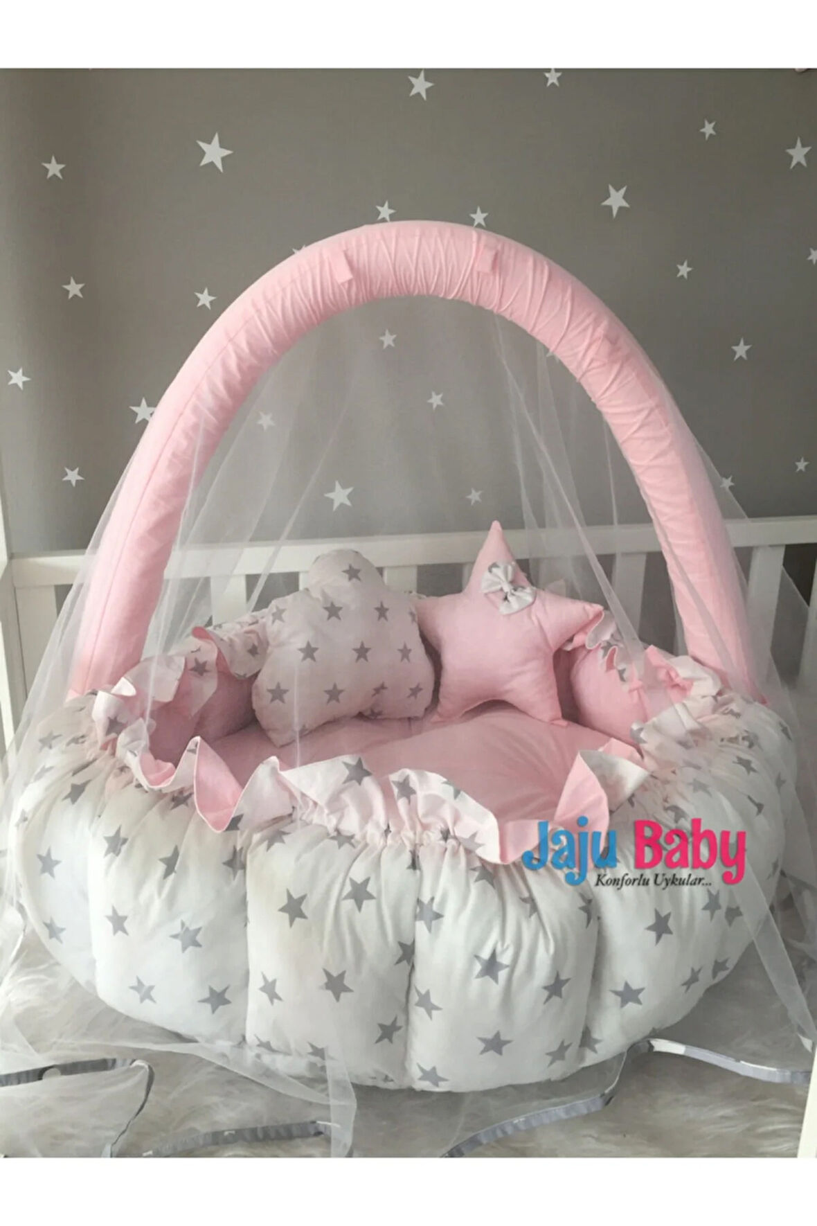 Nest Pembe - Beyaz Tasarım Lüx Oyun Minderi Jaju-babynest Cibinlik Tül Oyuncak Aparat Set