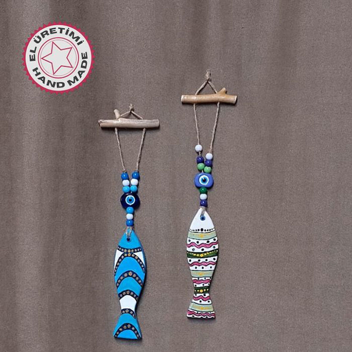 Uretti - Fatma 4830 1343 El Yapımı 2'li Balık Duvar Süsü - Mavi / Yeşil