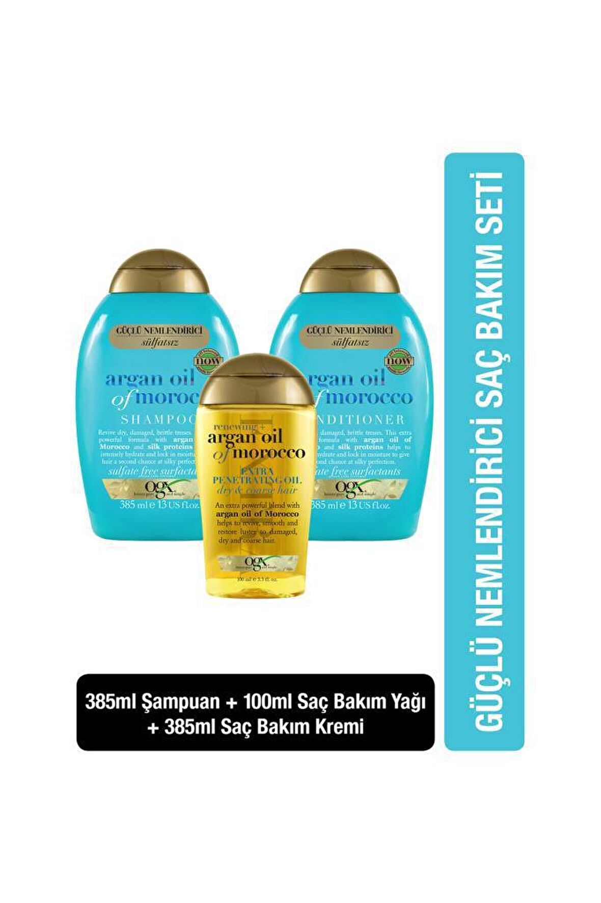 Ogx Nemlendirici ve Canlandırıcı Argan Oil of Morocco Sülfatsız Şampuan+Bakım Kremi 385ml+Yağ 100ml