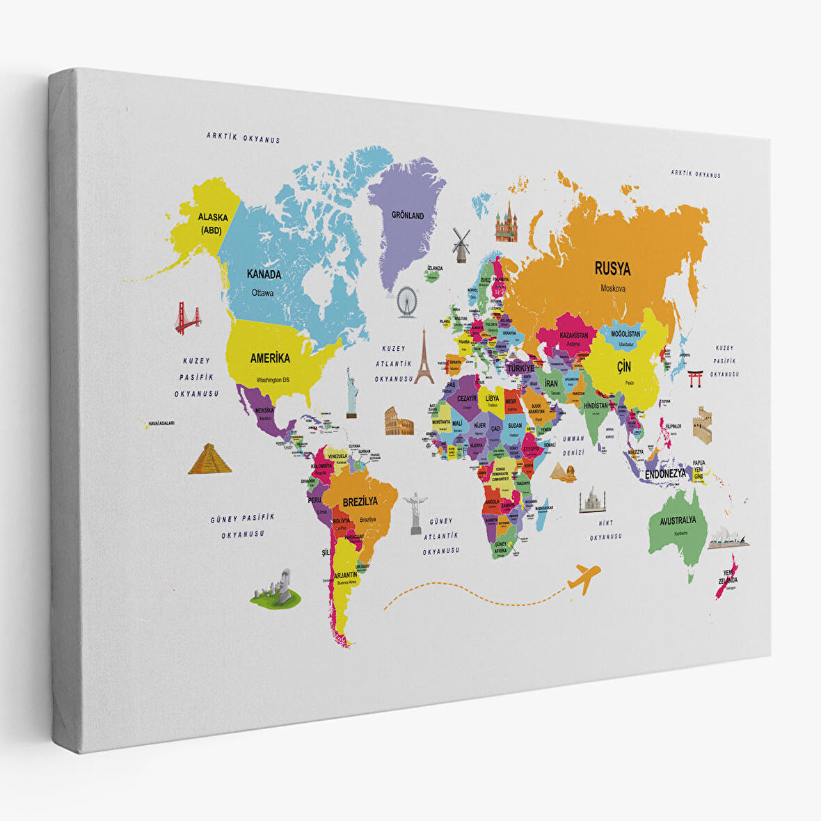 Harita Sepeti Türkçe Dünya Haritası Kanvas Tablo Ülke-Başkentli Öğretici ve Sembollü 2280