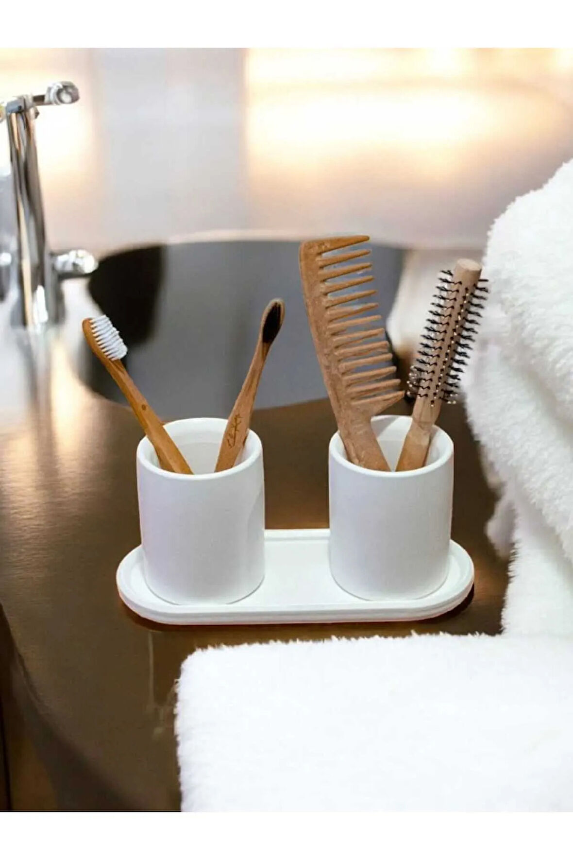 Banyo Seti Beyaz Tepsili Diş Fırçalık, Diş Macunluk, Makyaj Organizeri,Banyo Takım