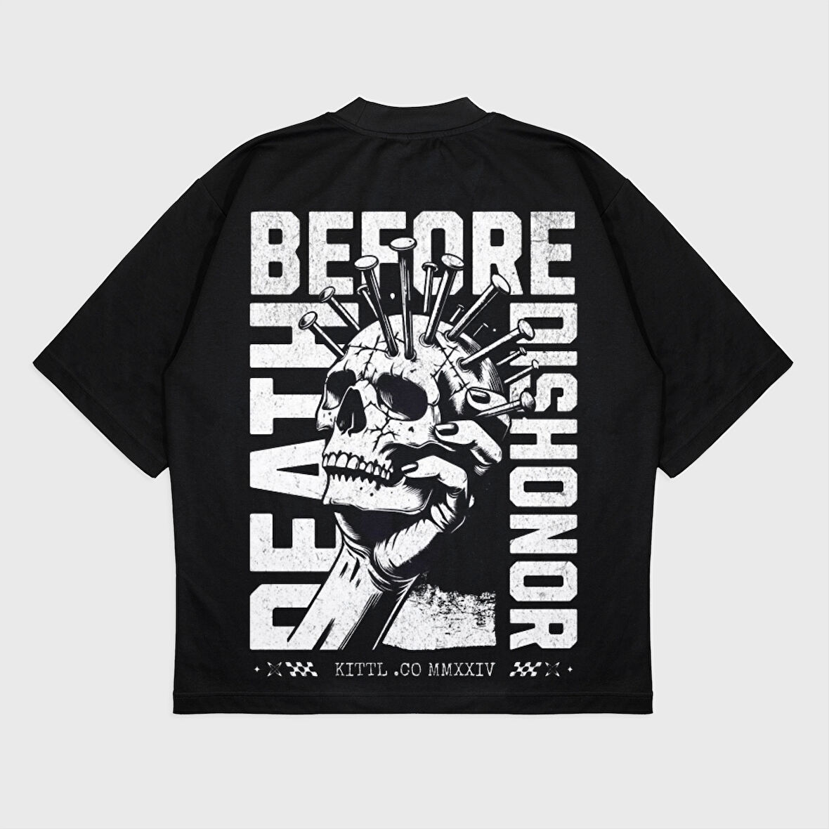 Oversize 'Death Before' Baskılı Bisiklet Yaka T-Shırt