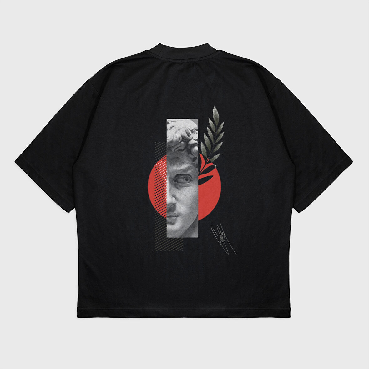 Oversize 'Flower Statue' Baskılı Bisiklet Yaka T-Shırt