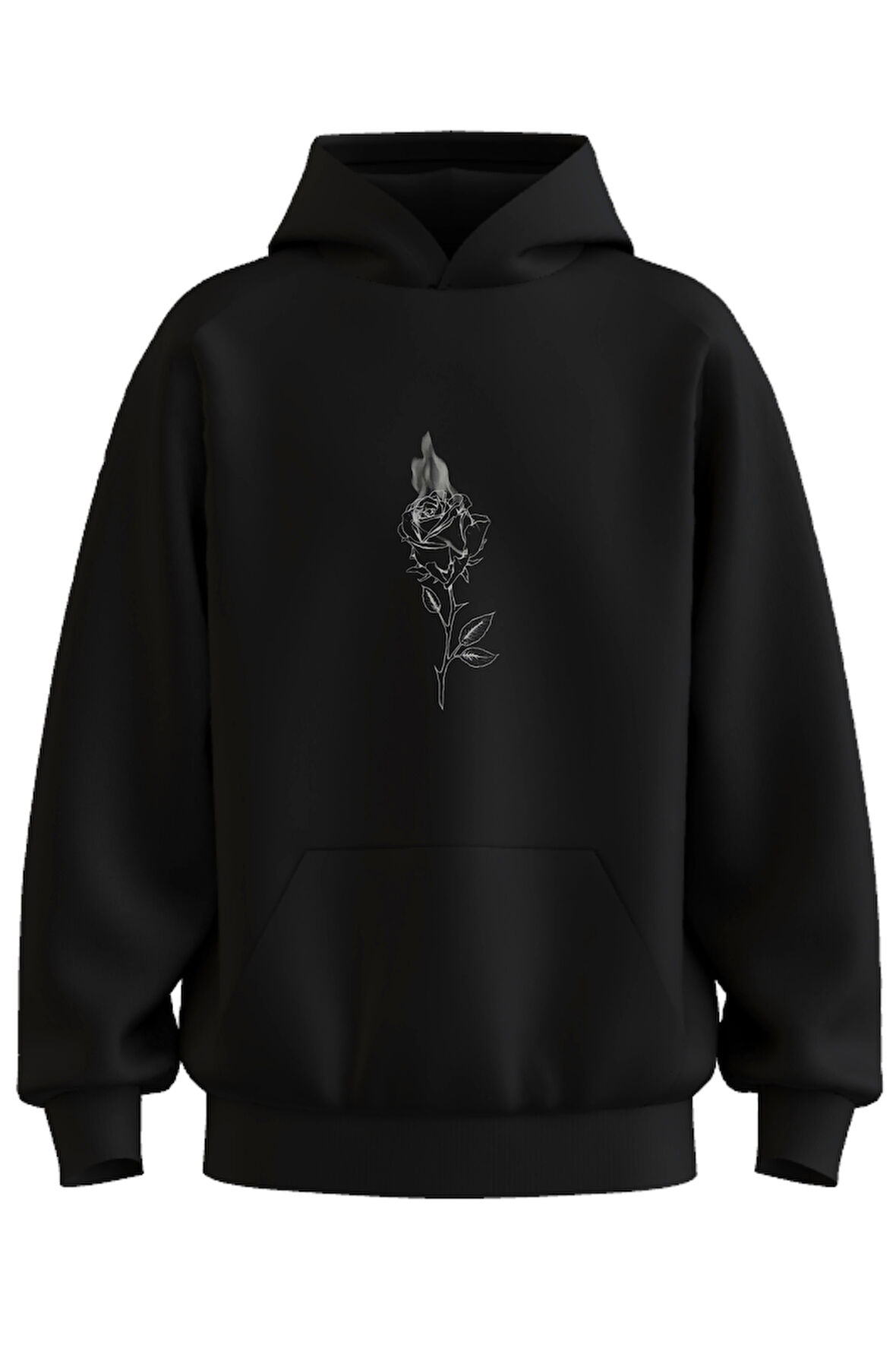 Oversize 'Fire Rose' Baskılı Kapşonlu Hoodie Sweatshirt