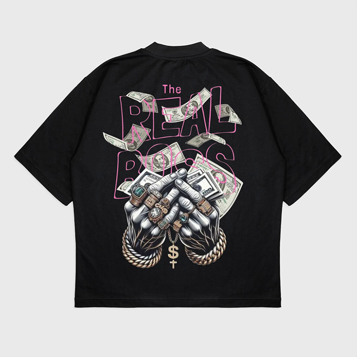 Oversize 'Cash Money' Baskılı Bisiklet Yaka T-Shırt