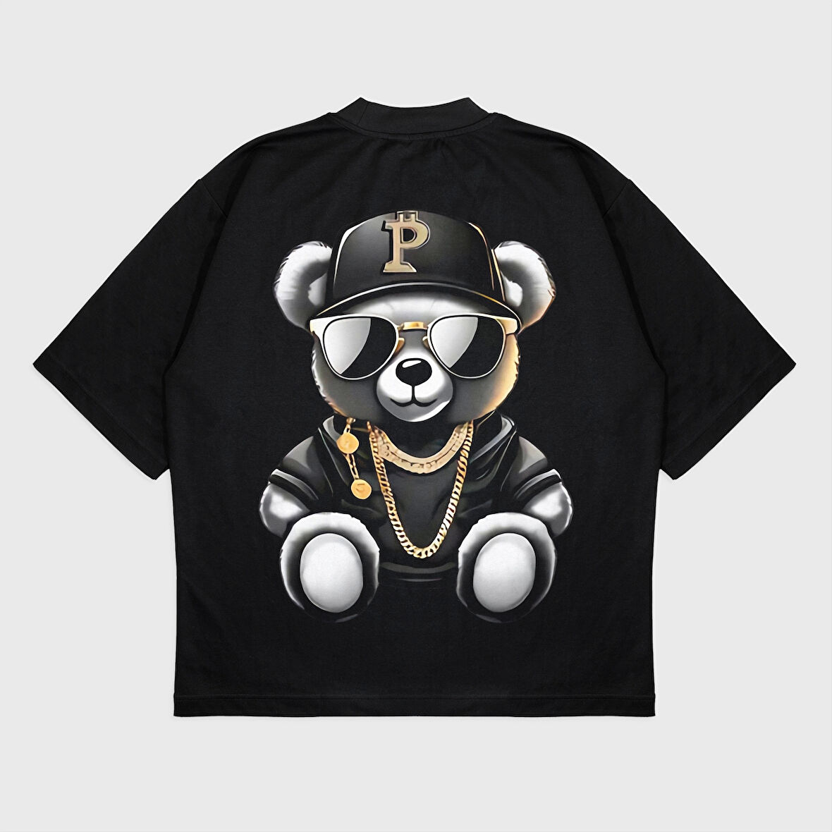 Oversize 'Gang Bear' Baskılı Bisiklet Yaka T-Shırt