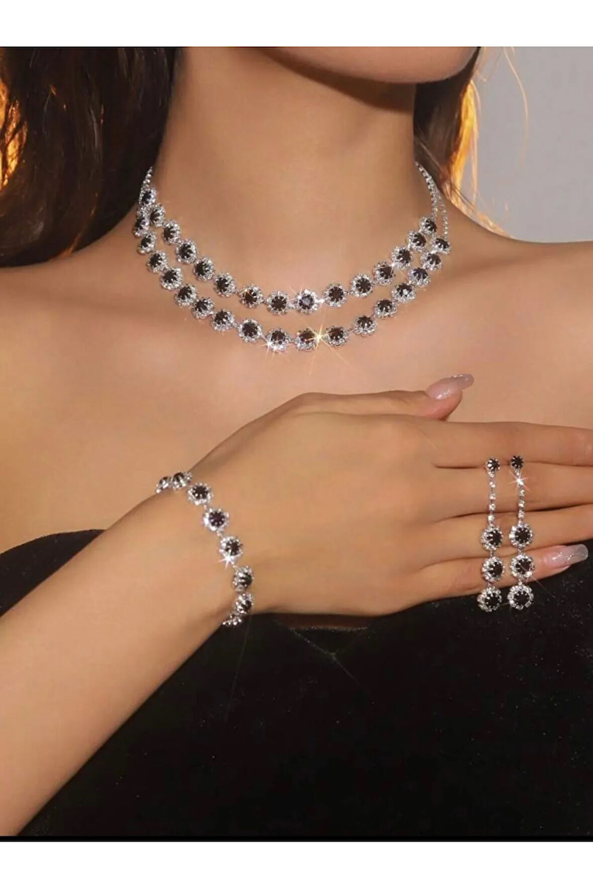 Gümüş Kaplama Kolye, Küpe Ve Bileklik Seti 3'lü Set Davet Düğün Nişan Abiye