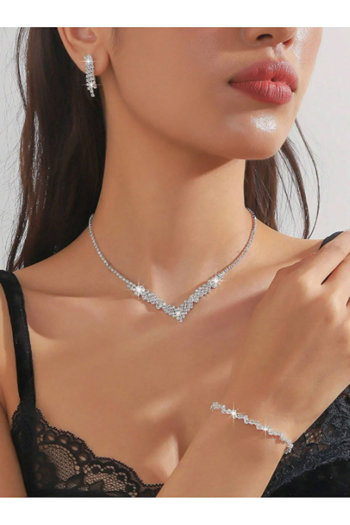 Gümüş Kaplama Elif Kolye, Küpe Ve Bileklik Seti 3'lü Set Davet Düğün Nişan Abiye