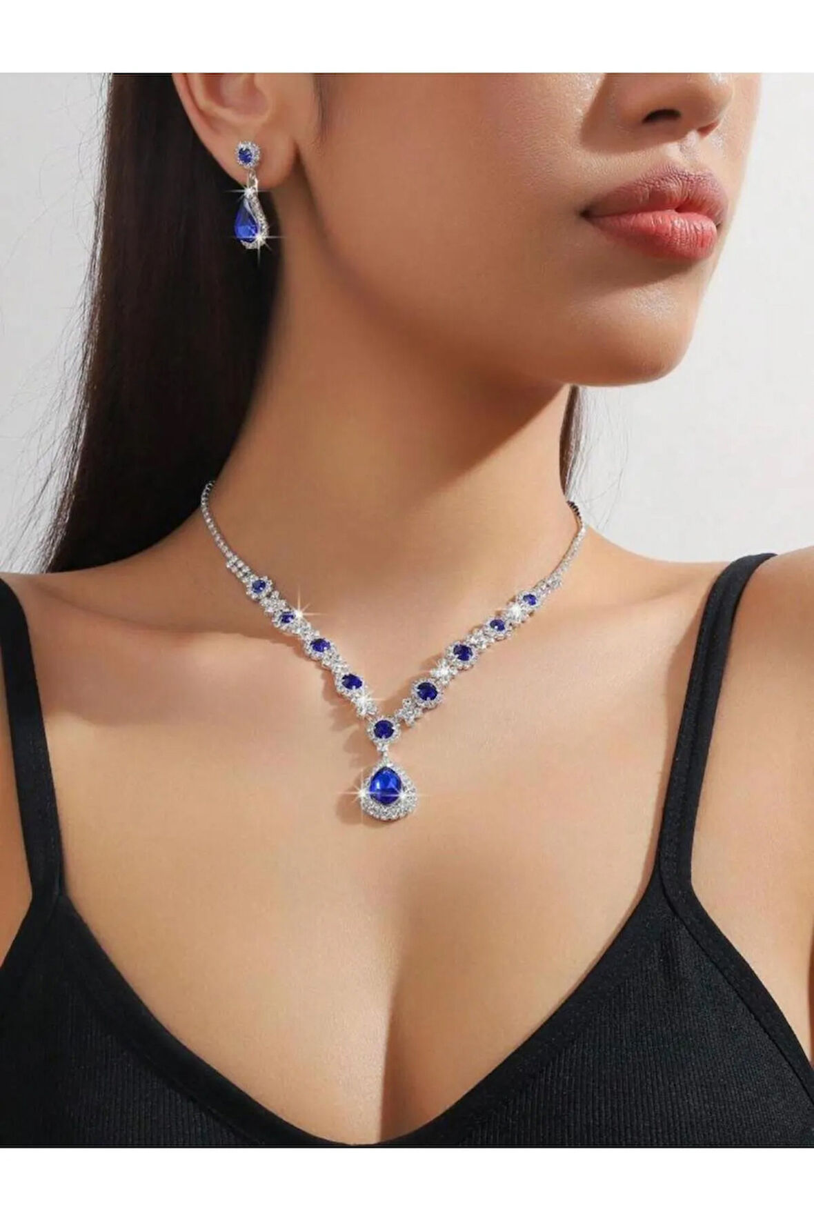 Gümüş Kaplama Denizyolu Damla Taşlı Kolye,küpe Seti 2'lü Set Davet Düğün Nişan Abiye