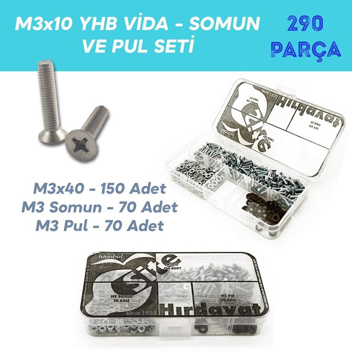 M3x10 YHB Vida Somun ve Pul Seti, 290 Parça