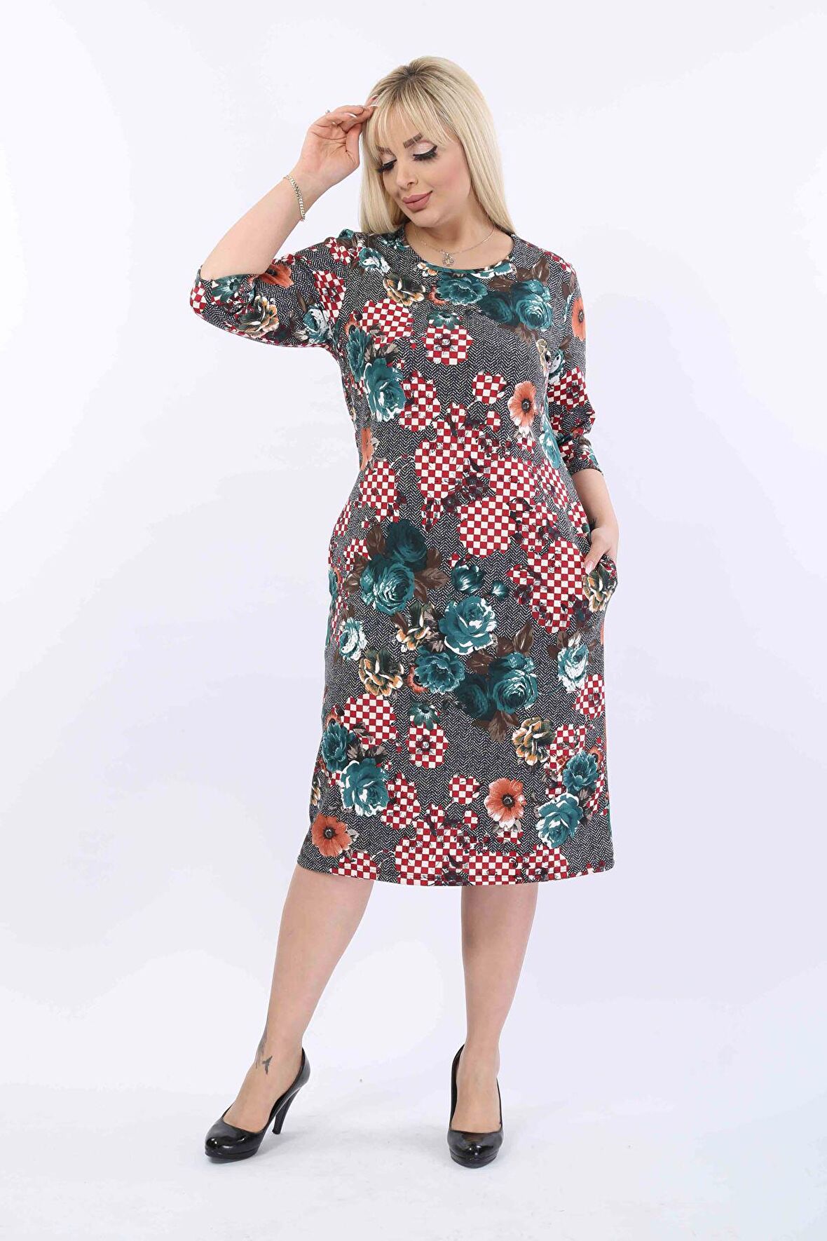 Desenli Cepli Büyük Beden Elbise 22A-2005