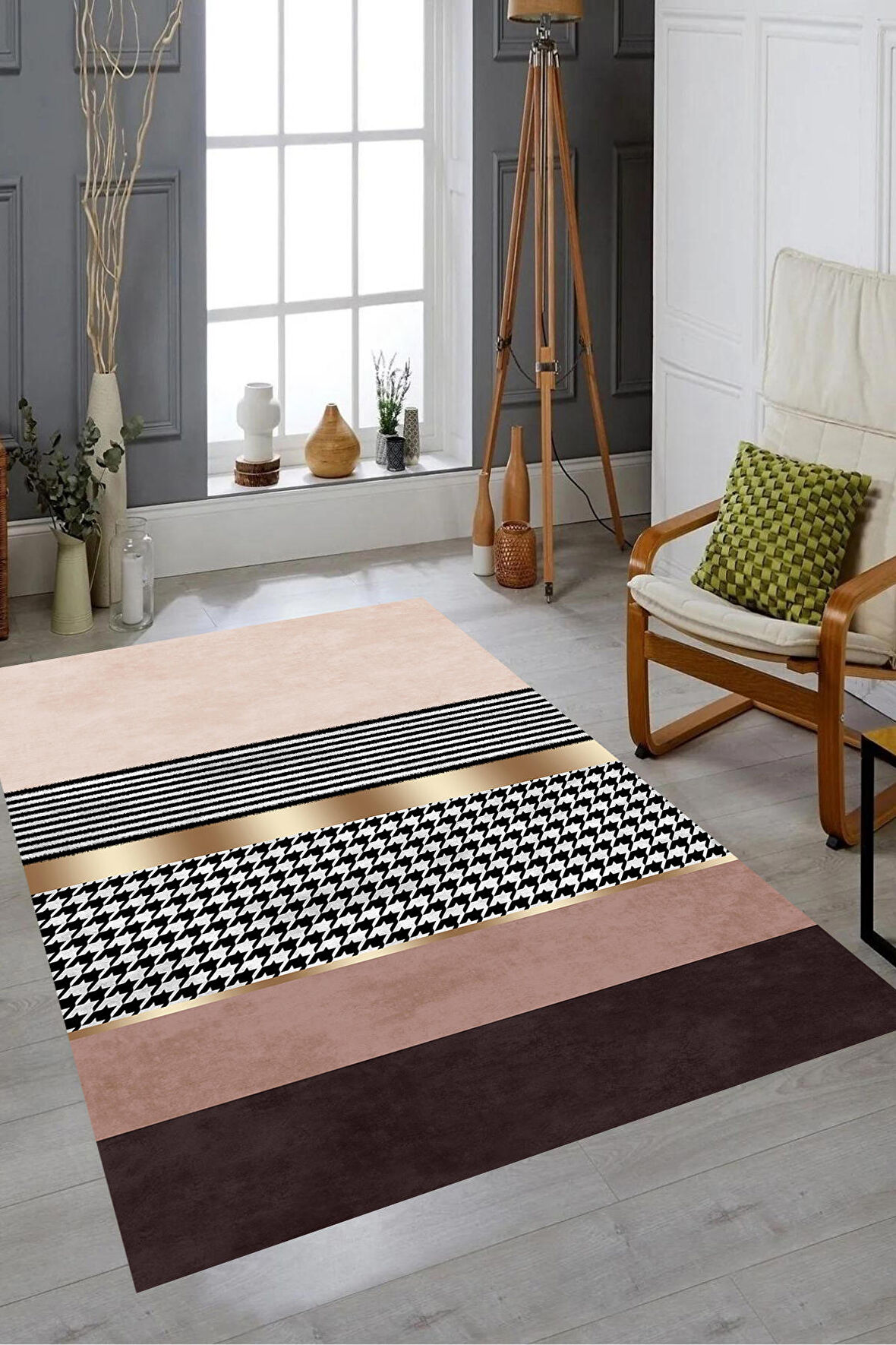 Pudra-Pembe Pvc Deri Kaymaz Taban Şerit Salon Halısı A238