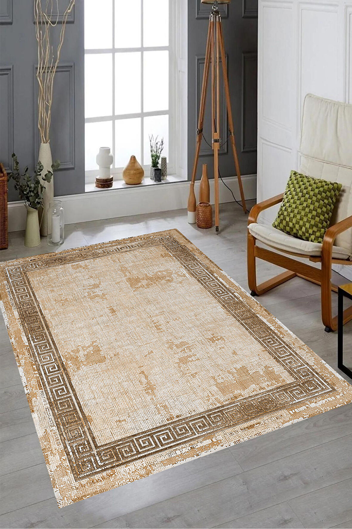 Kahverengi Pvc Deri Kaymaz Taban Vintage Versace Salon Saçaksız Halı B1197