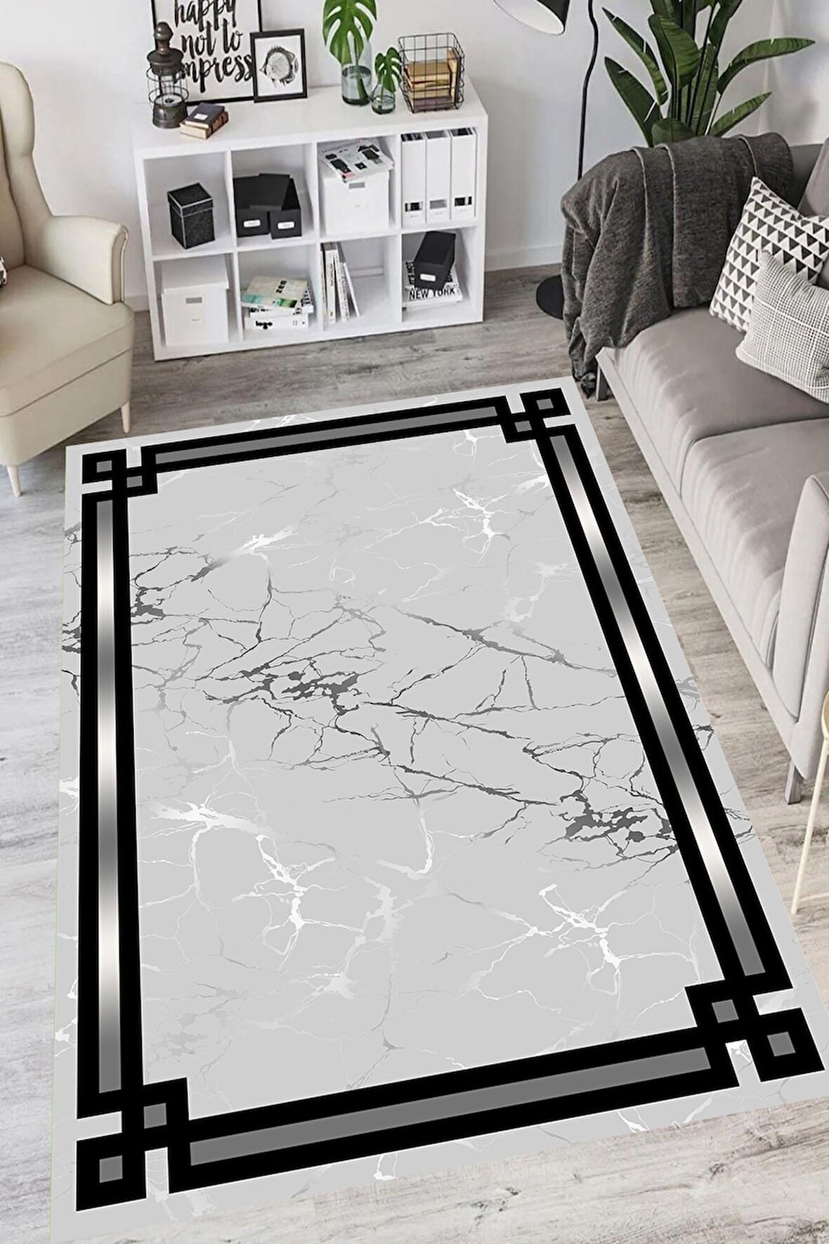 Gri Pvc Deri Kaymaz Taban Çerçeve Salon Saçaksız Halı B1211