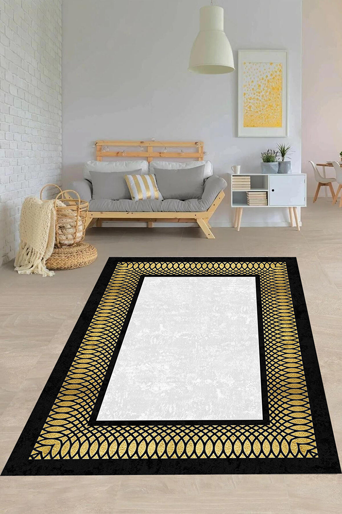 Siyah-Gold Pvc Deri Kaymaz Taban Çerçeve Salon Saçaksız Halı B1230
