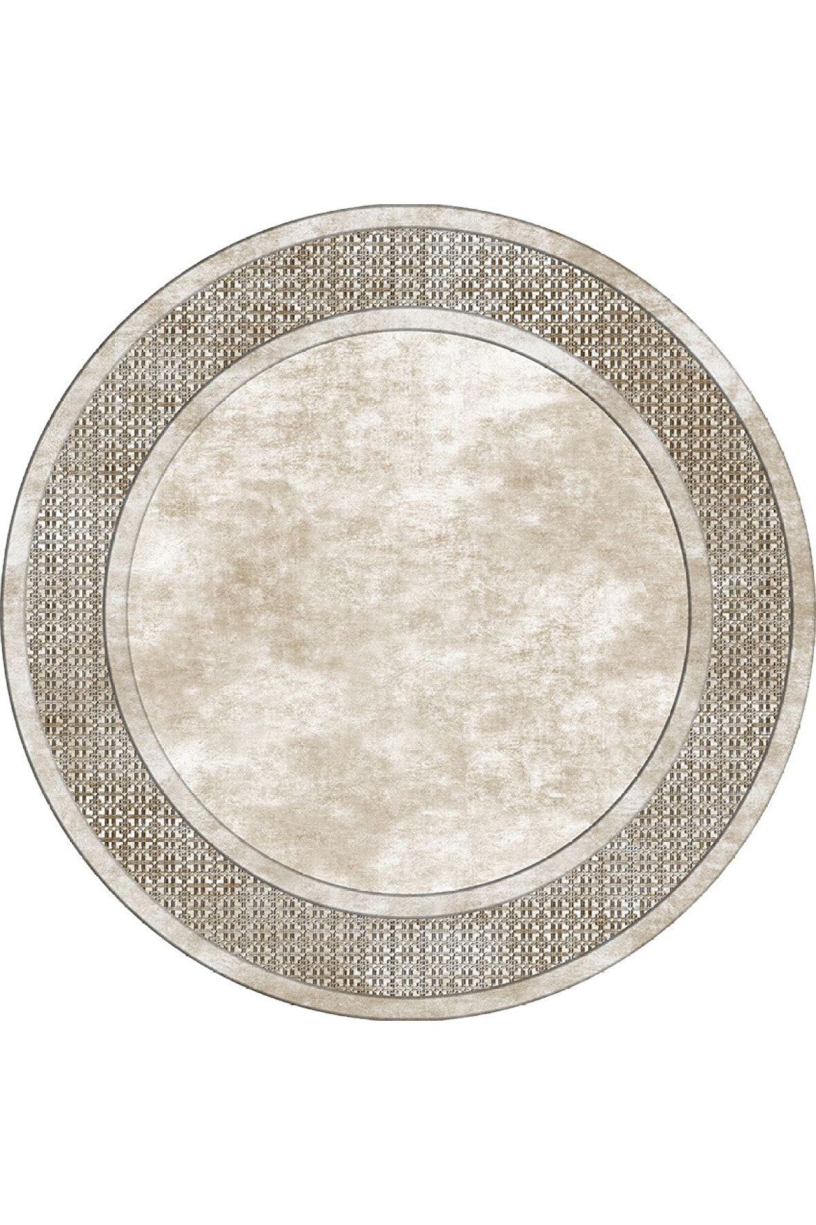 Krem Pvc Deri Kaymaz Taban Yuvarlak Salon-Hol Saçaksız Halı B1178