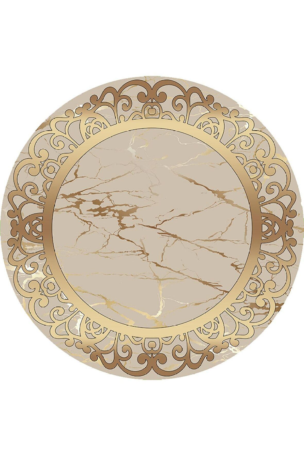 Gold Pvc Deri Kaymaz Taban Yuvarlak DekorÇerçeve Salon Saçaksız Halı B1274